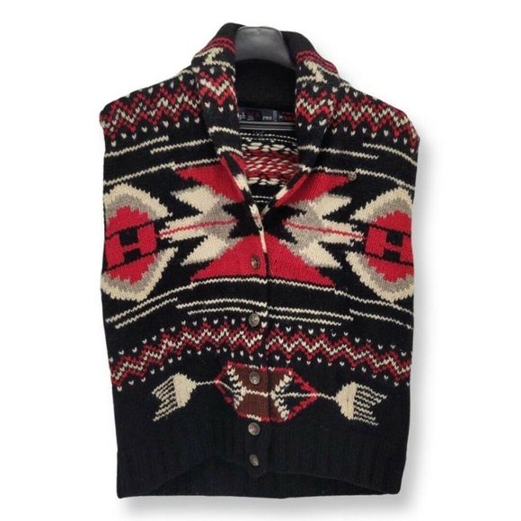 Polo Ralph Lauren Wool Vest Knitted Aztec Argyle Black/Red Button Up Size Medium - Picture 1 of 12